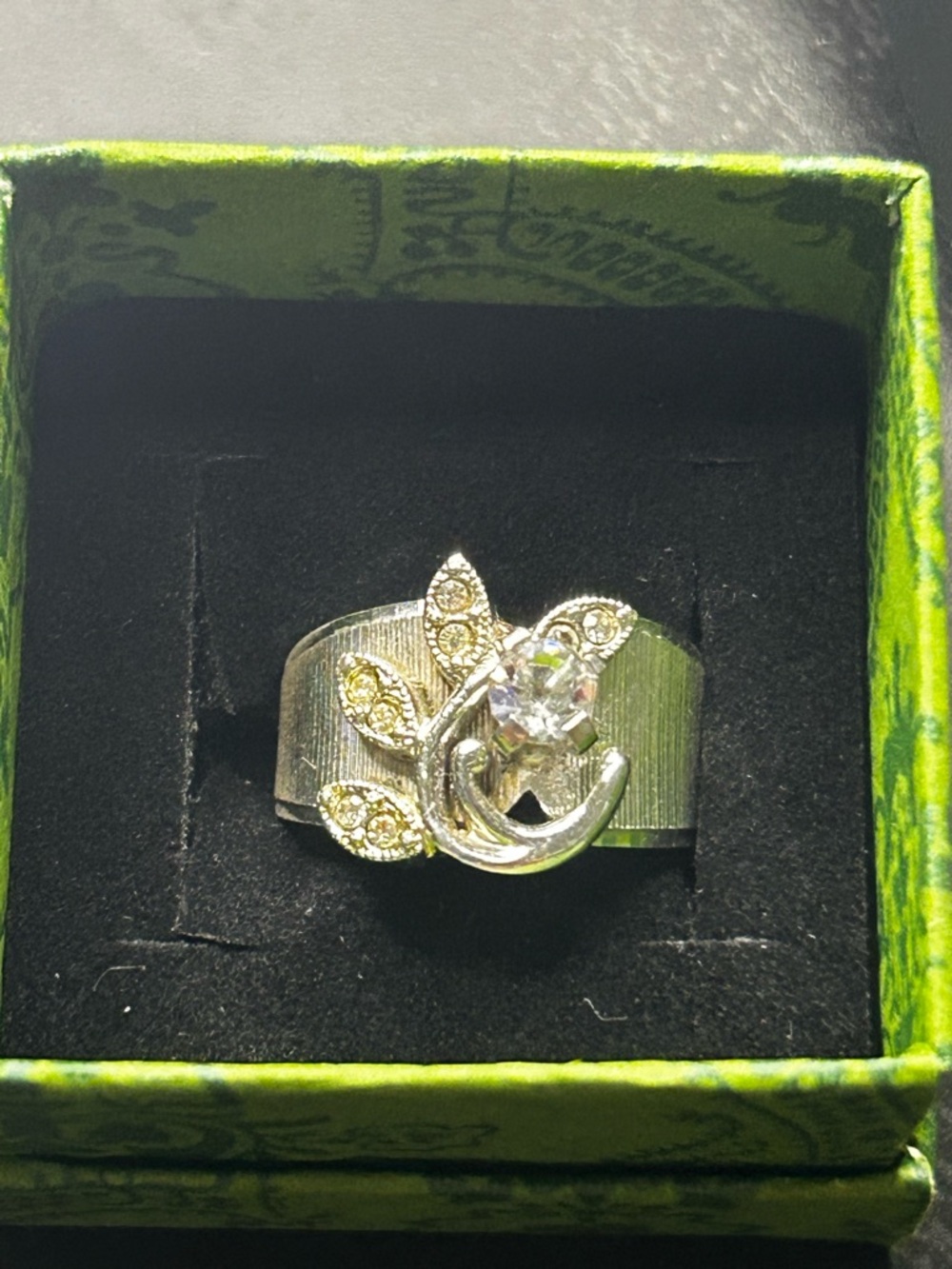 Silver Crystal Floral Leaf Statement Ring - Women's Jewelry